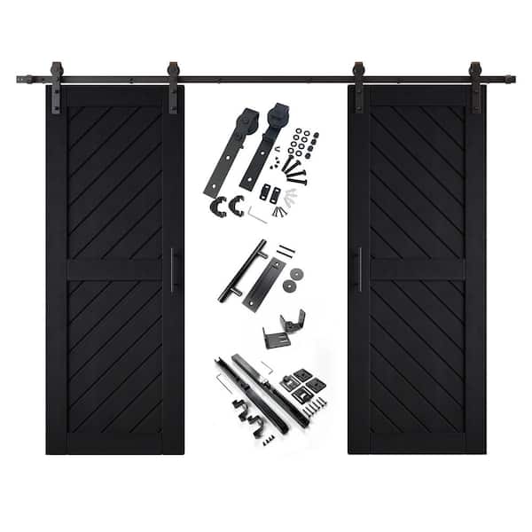 HOMACER XT1 30 in. x 80 in. C-Panel Black Slanted Stripe Design Double Pine Wood Sliding Barn Door with Hardware Kit
