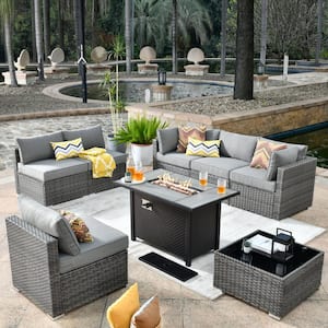 Messi Gray 8-Piece Wicker Outdoor Patio Conversation Sectional Sofa Set with a Metal Fire Pit and Dark Gray Cushions