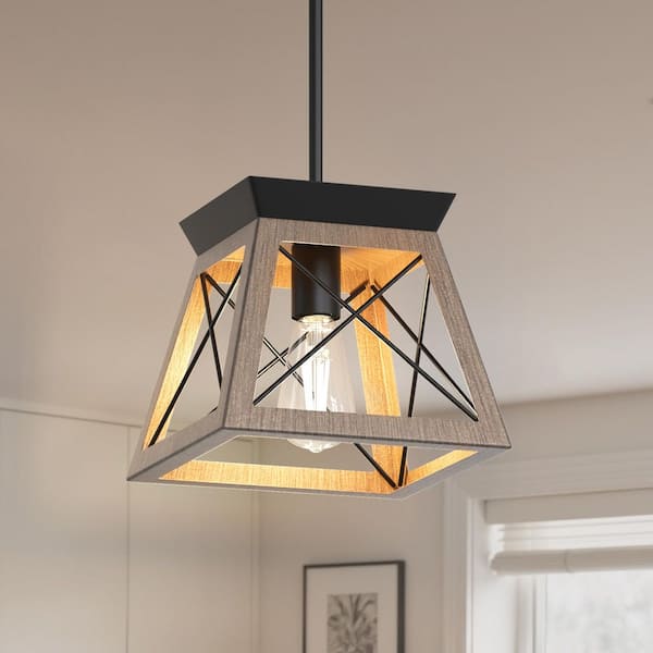 YANSUN 1-Light White Wood Grain Lantern Metal Pendant Light, Vintage Farmhouse Basket Chandelier for Bedroom, Kitchen