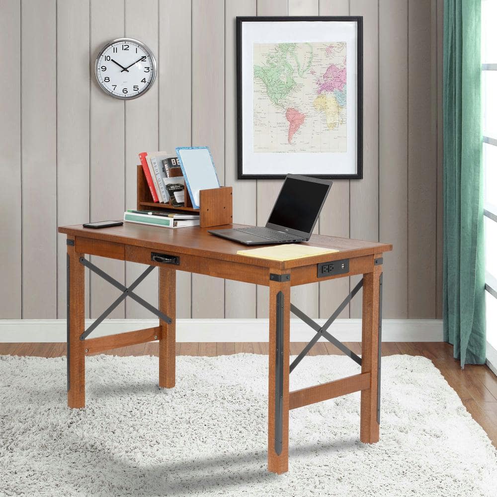 Brown Wood Industrial Desk with Hutch and USB Ports
