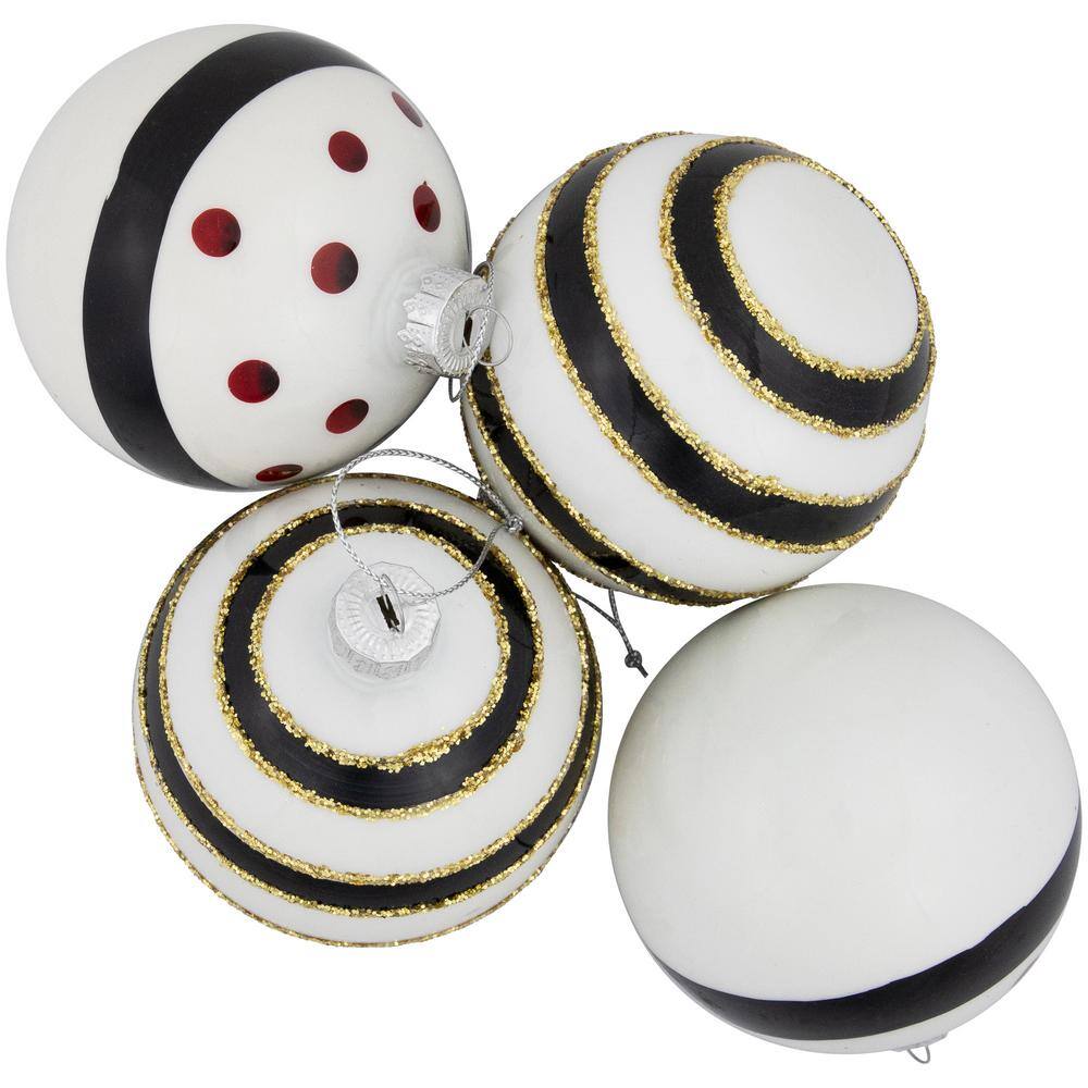 Set of 4 White and Black Striped Glass Christmas Ornaments with Gold Accents