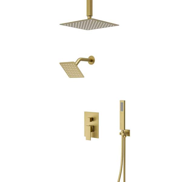 Crozet 1-Handle 3-Spray Ceiling Mount Dual Shower Head Handheld Shower Head 2.5 GPM in Brushed Gold (Valve Included)