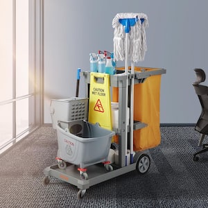 Janitorial Trolley Cleaning Cart with PVC Bag Cleaning Cart 3-Shelf for Offices, Hotels, Airports