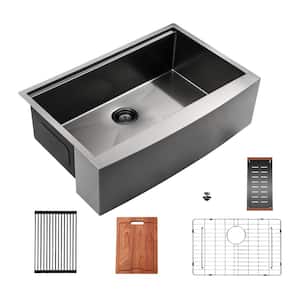 Gunmetal Black 16 Gauge Stainless Steel 33 in. Single Bowl Farmhouse Apron Workstation Kitchen Sink with All Accessories