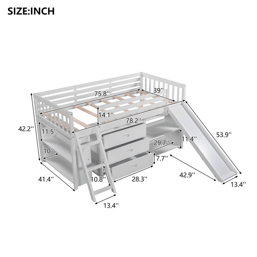 Harper & Bright Designs Low White Twin Size Loft Bed with Slide, Attached Bookcases and Separate 3-Tier Drawers - 2