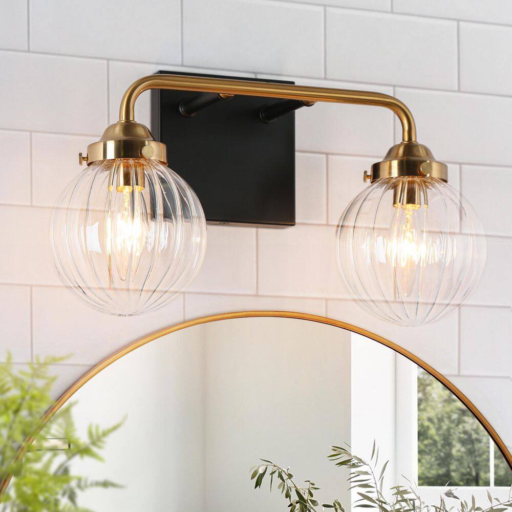 14 in. Modern 2-Light Brass Gold Bathroom Vanity Light, Pumpkin-Shaped Clear Glass Bath Lighting Black Wall Sconce price history on PriceWatchPro