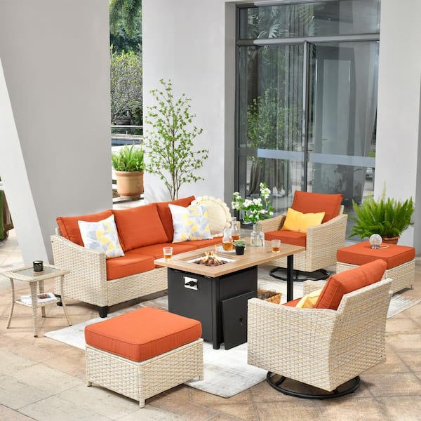 weaxty W Camellia F 7-Piece Wicker Patio Storage Fire Pit Conversation Set with Swivel Rocking Chairs and Orange Red Cushions