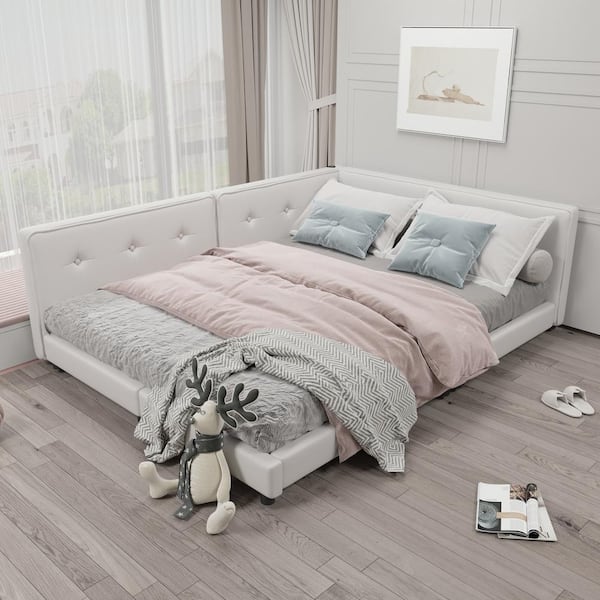 Qualler Beige Wood Frame Full Size Platform Bed with USB Ports