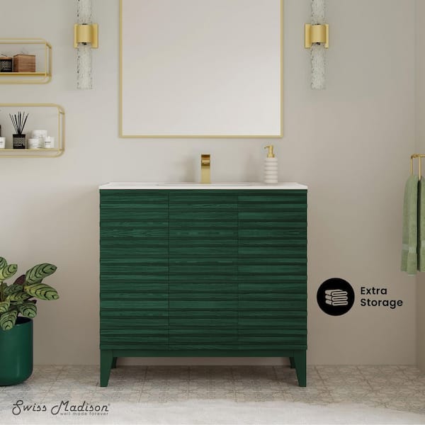 Cascade 36 in. Freestanding Bath Vanity in Green Oak with White Ceramic Sink Top