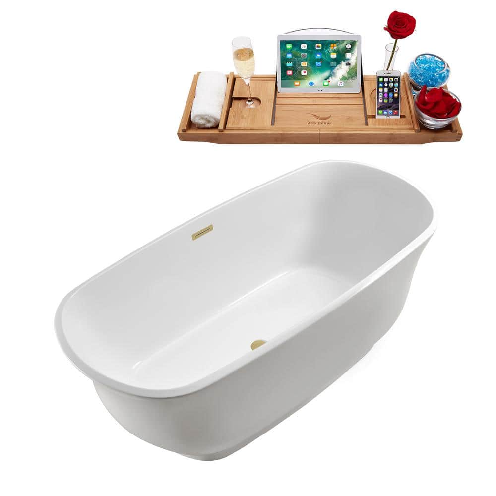 59" Glossy White Acrylic Freestanding Soaking Bathtub with Brushed Brass Drain