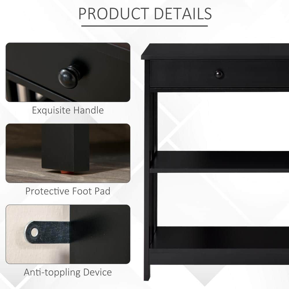 Black Wood Console Table with Drawer and Shelves