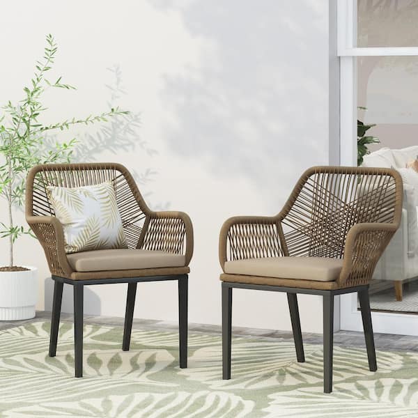 CHRISTOPHER KNIGHT HOME Wahl Brown Woven Faux Rattan Outdoor Patio Dining Chair with Beige Cushions (2-Pack)