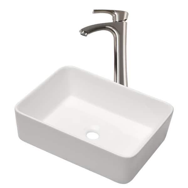 Logmey 19 in. x15 in. Porcelain Ceramic Bathroom Vessel Sink Rectangular in White with Faucet Combo Above