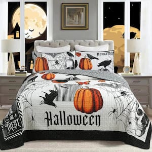 ME500 Halloween Black Pumpkin and Ghost Queen Polyester Quilt Bedspread Set