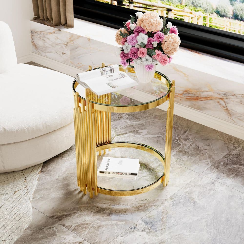 19.8 in. Modern Transparent Round Glass Top Mirror End Table with Gold Finish and Lower Shelf