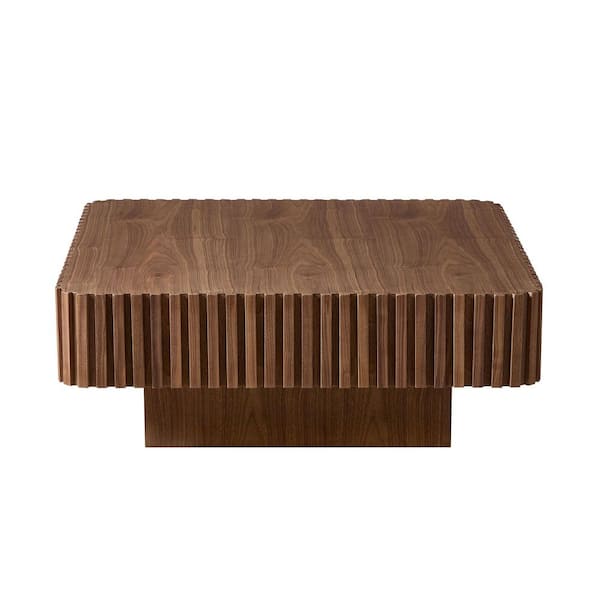 Modern 35.43 in. W Walnut Square Wood Coffee Table with Round Corner