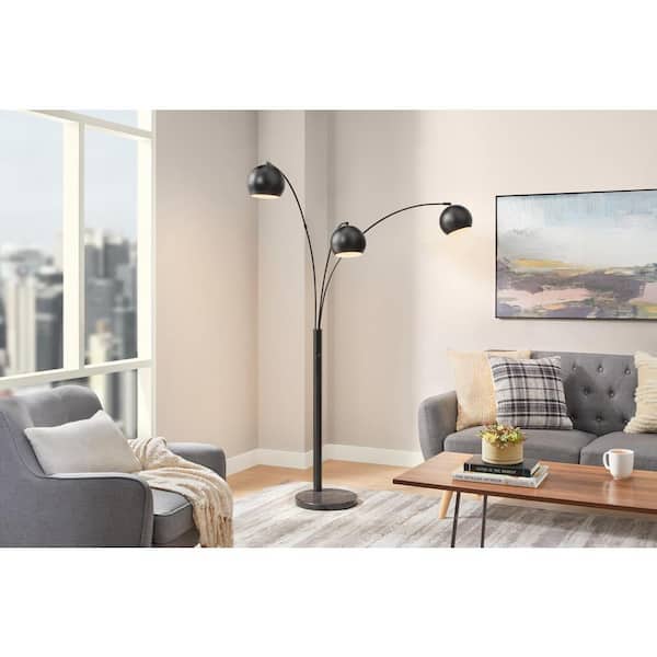 Hampton Bay Caldwell 74.5 in. 3-Light Black Arc Floor Lamp with Metal Shades and Black Marble Base