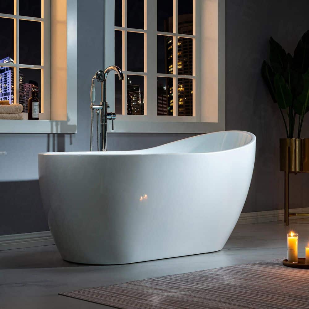 59" White Acrylic Freestanding Single Slipper Bathtub with Brushed Nickel Trim