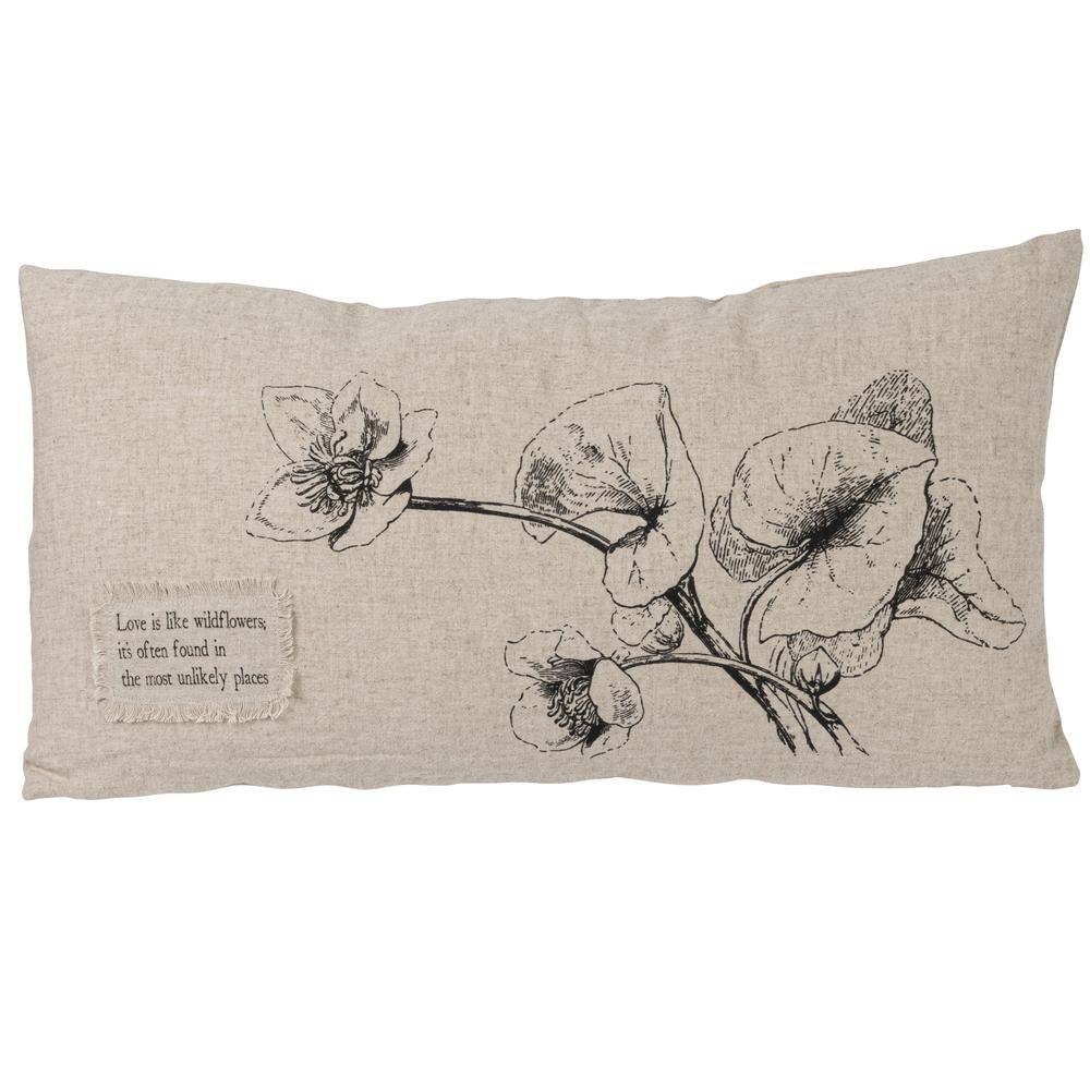 Natural Linen Blend Lumbar Pillow with Floral and Bird Design