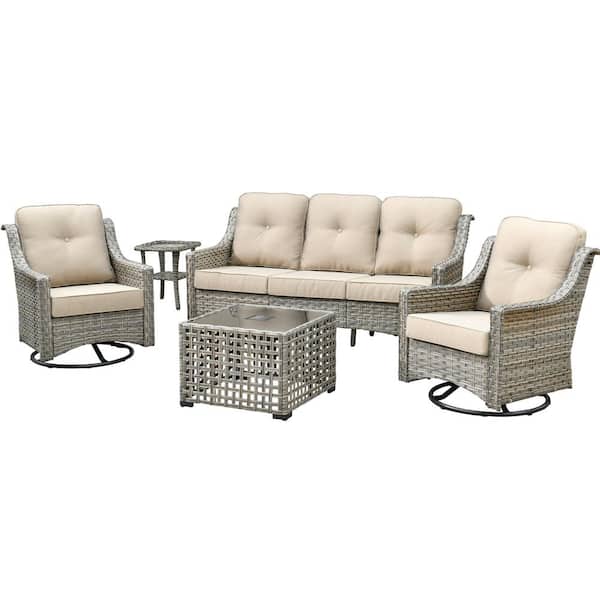 Denver 5-Piece Wicker Outdoor Furniture Patio Conversation Sofa Set with Swivel Rocking Chairs and Beige Cushions