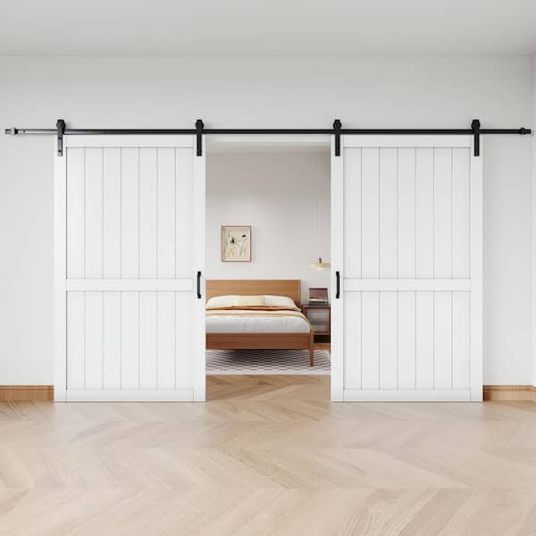 96 in. x 84 in. White Paneled Style White Primed MDF Sliding Barn Door with Hardware Kit