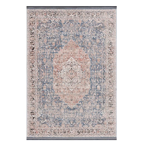 Vivaldi 5 ft. x 8 ft. Blue/Rust Distressed Border Area Rug