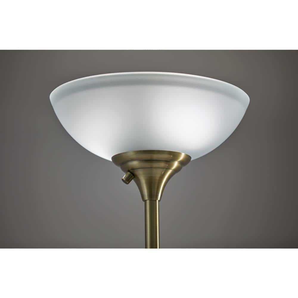 71" Black and Antique Brass Torchiere Floor Lamp with Frosted Glass Shade