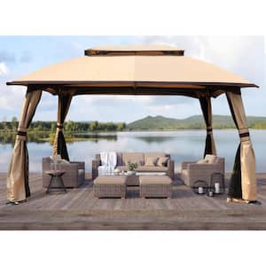 10 ft. x 13 ft. Beige Patio Gazebo Double Vented Roof with Mosquito Netting