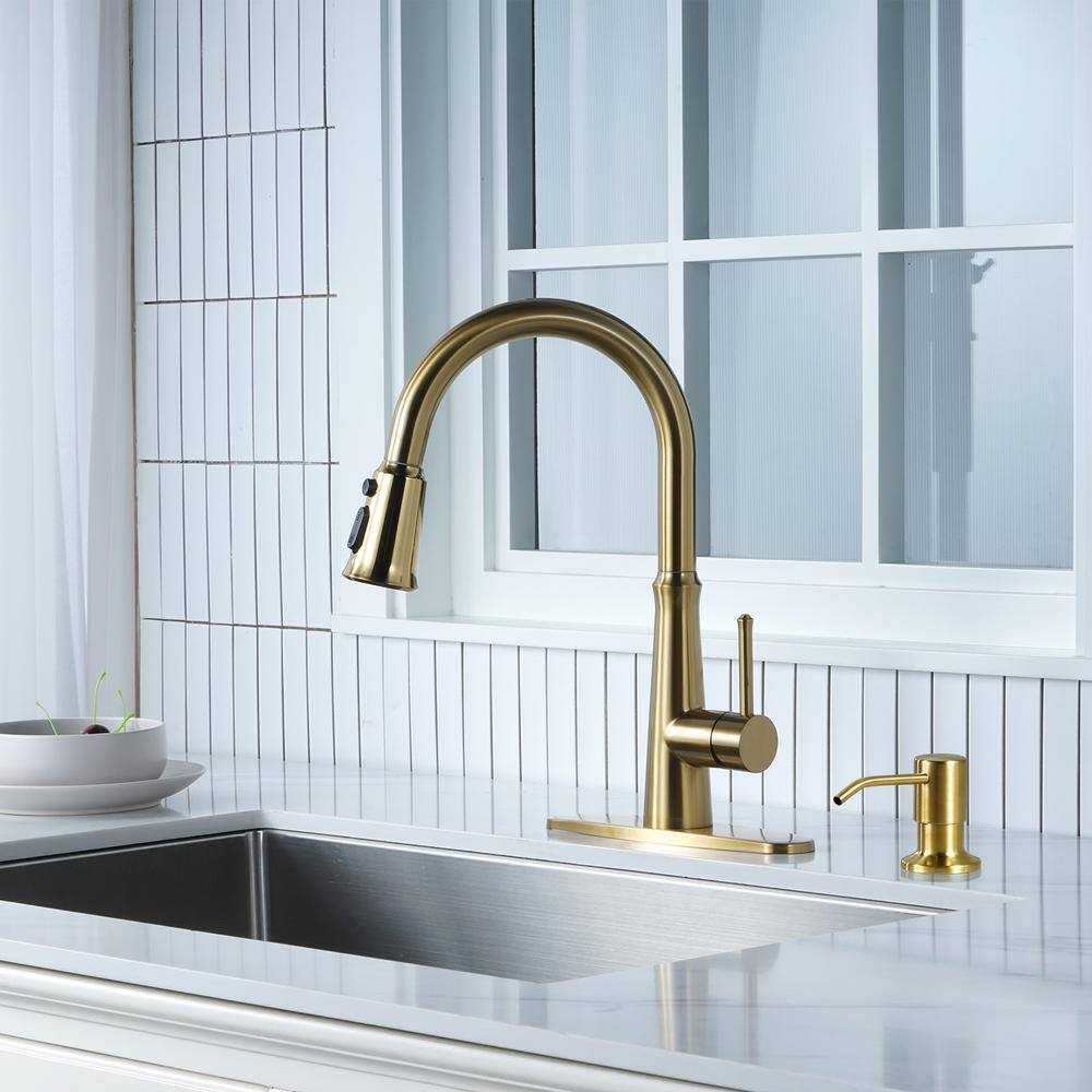 Gold Stainless Steel High-Arc Kitchen Faucet with Pull-out Spray