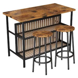 Dora 3-Piece Rectangle Wood Top Rustic Brown Dining Table Set, Kitchen Island Set with 2-Stools for Kitchen