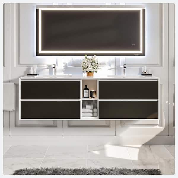 Eviva Vienna 75 in. W x 20.5 in. D x 22.5 in. H Floating Double Bathroom Vanity in Blackwood with White Acrylic Top