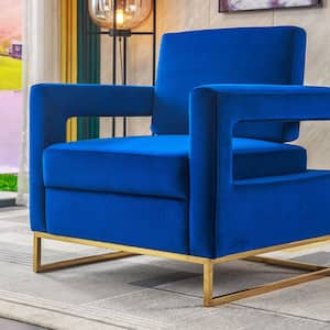 Blue Accent Velvet Sofa Chair/Open Back Chair Removable Tufted Cushion Armchair With Pillow Gold Stainless Steel Base