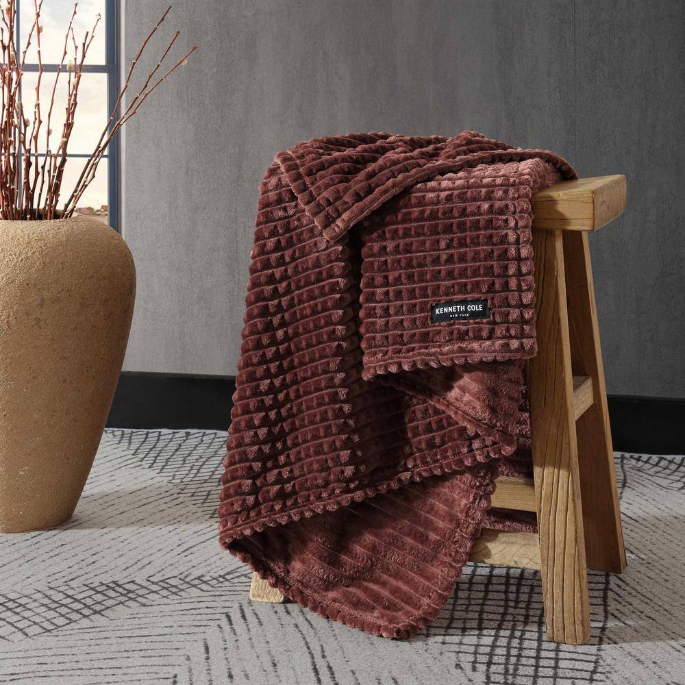 Kenneth Cole Red Textured Plush Fleece Throw Blanket
