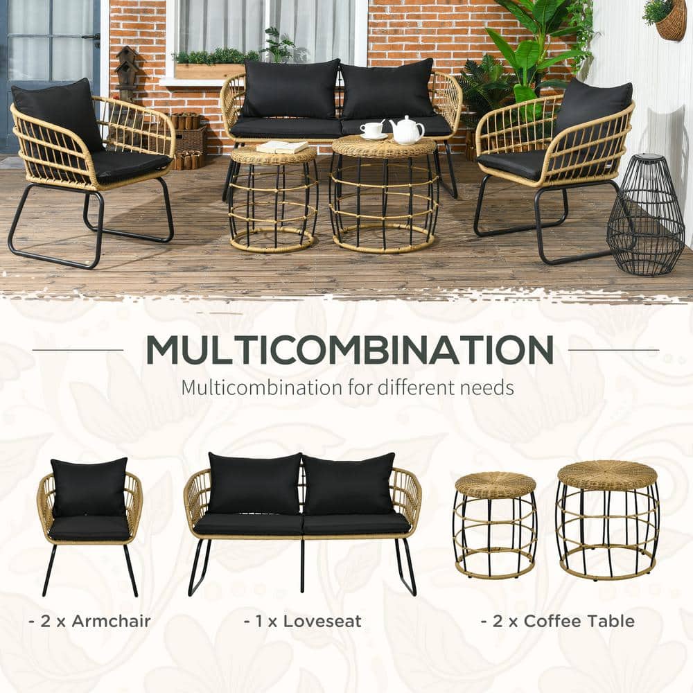 Black 4-Person PE Rattan Outdoor Furniture Set with Cushions