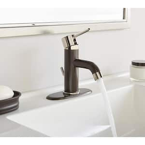 Modern Single Hole Single Handle Low-Arc Bathroom Faucet in Dual Finish Polished Nickel and Bronze