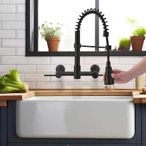 Double Handle Wall Mounted Bridge Kitchen Faucet with 3-Function Pull Down Sprayer Head in Matte Black