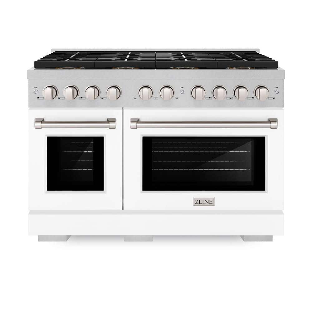 ZLINE Kitchen and Bath 48 in. 6.7 cu. ft. Paramount Gas Range with 8-Burner DuoPro Cooktop and Dual Ovens in Satin Stainless with White Matte