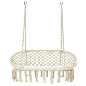 2-Person Beige Metal Hanging Hammock Macrame Swing Chair Porch Swing with Beige Cushion