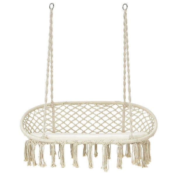 ANGELES HOME 2-Person Beige Metal Hanging Hammock Macrame Swing Chair Porch  Swing with Beige Cushion M0337BE-8JV1 - The Home Depot