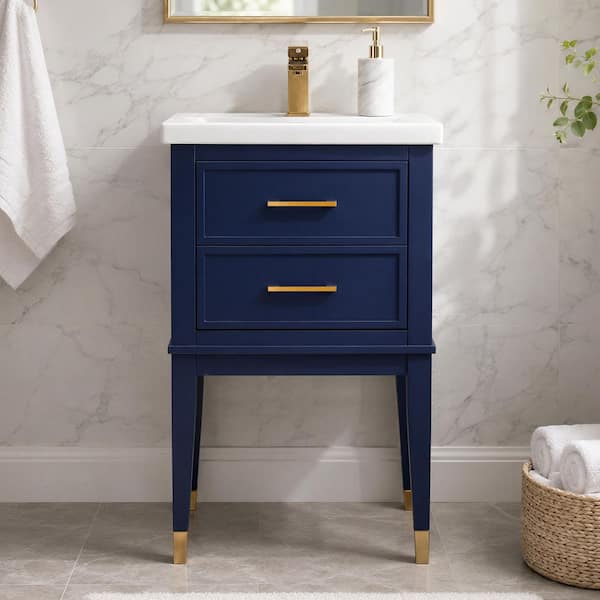 Clara 20 in. Single Sink Freestanding Navy blue Bath Vanity with White Ceramic Top (Assembled）