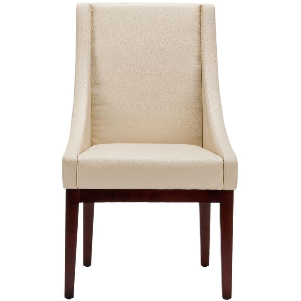 Cream Leather Swoop Arm Accent Chair with Wood Legs