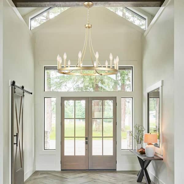 12-Light Gold Wagon Wheel Chandelier for Living Room Dinning Room with No Bulbs Included