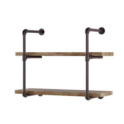 Urbanne Industrial Aged 2-Tiered Wood Print MDF and Metal Pipe Floating Wall Shelf