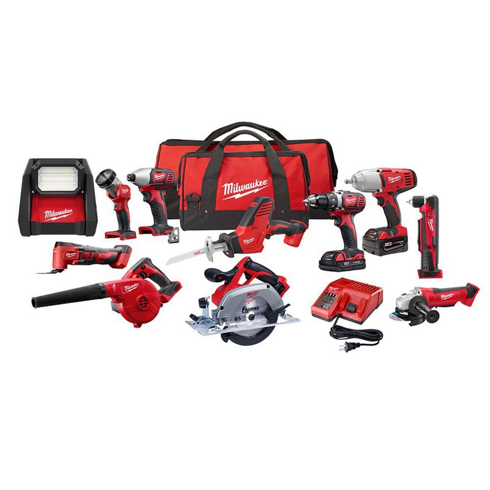 Milwaukee M18 18V Lithium-Ion Cordless Combo Kit (10-Tool) with (2) Batteries, Charger, (2) Tool Bags and M18 AC/DC Flood Light -  2695-10CX-2366