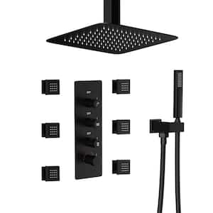 Luxury 7-Spray Patterns Thermostatic 12 in. Ceiling Mount Rainfall Dual Shower Heads with 6-Jet in Matte Black