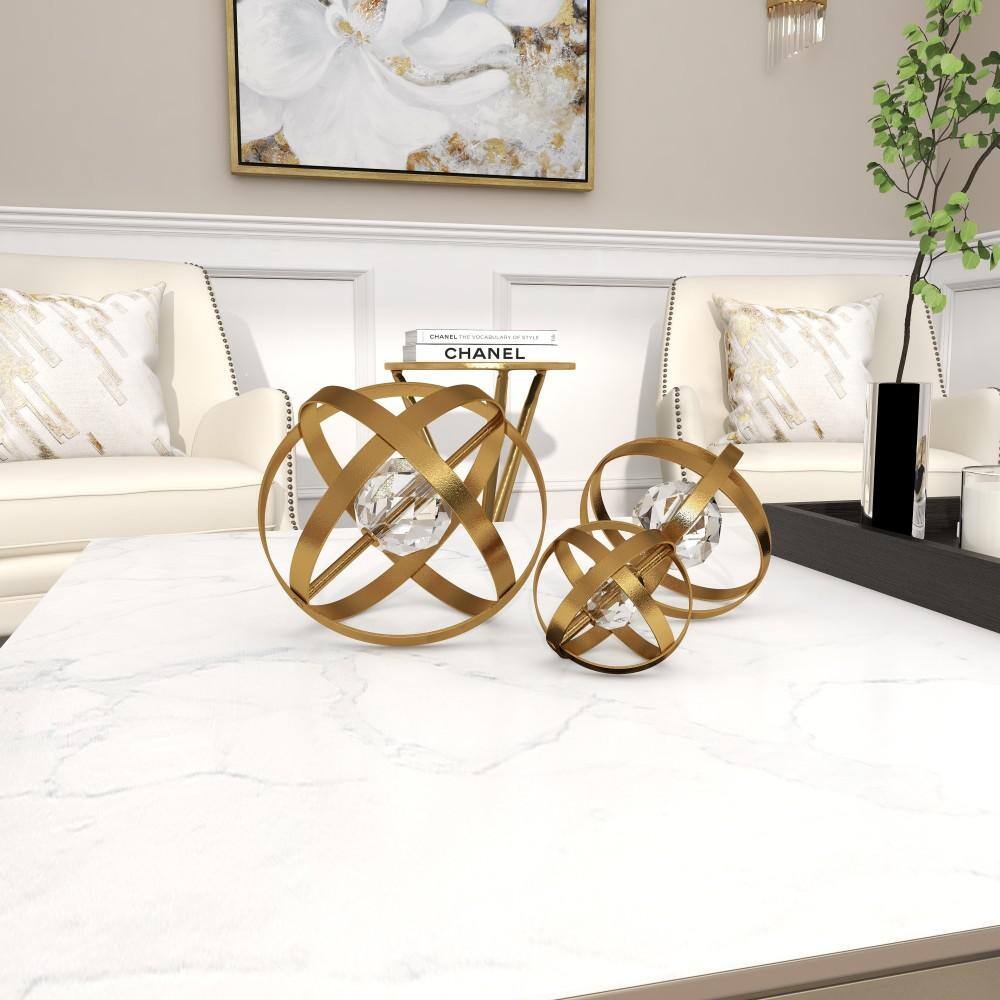 Gold Metal Geometric Sculpture Set with Crystal Center