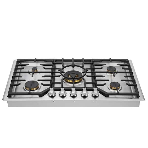 36 in. 5 Sealed Brass Burners Recessed Gas Cooktop in Stainless Steel with 20000 BTU Wok Burner and LP Conversion Kit