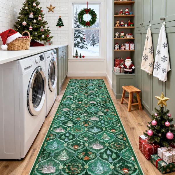 Christmas World 2 ft. x 8 ft. Green Christmas Village Pattern Washable Runner Rug