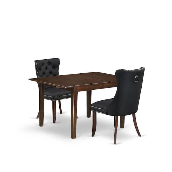 East West Furniture 3-Piece Mahogany Finish Rectangular Solid Wood Top with Butterfly Leaf Dining Table Set
