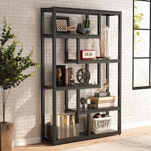 Turrella 69 in. Tall Black Wood 6-Shelf Bookcase with Staggered Shelves
